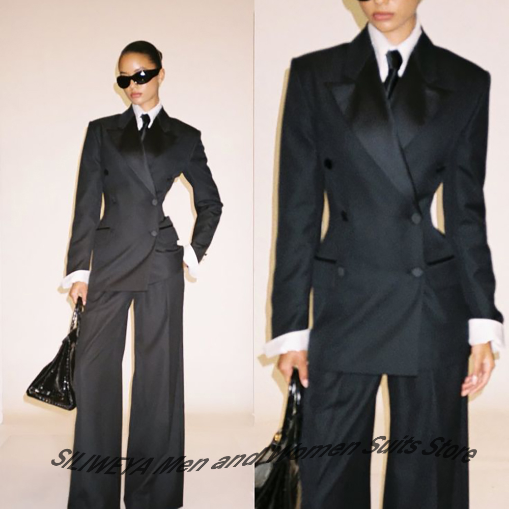 Women'S Formal Wear With Pants - Professional Women's Black Double-Breasted Suit Slim