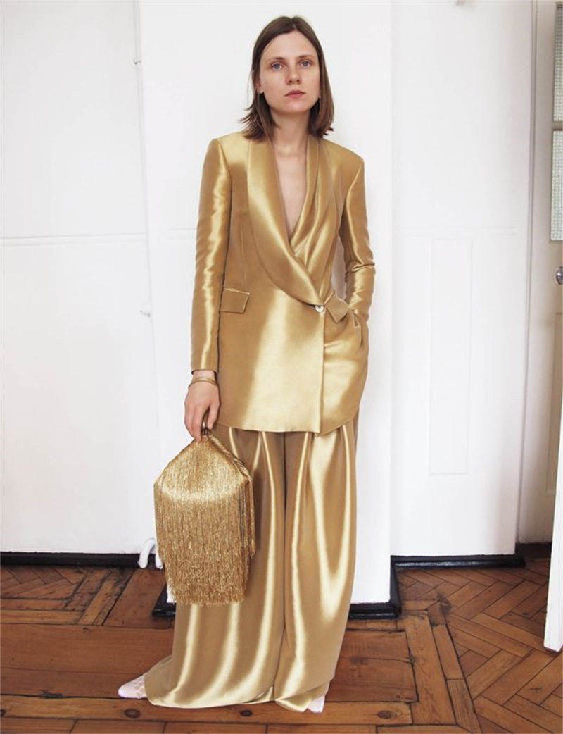 Women'S Formal Wear Wedding - Gold Silk Satin Women Suits Office