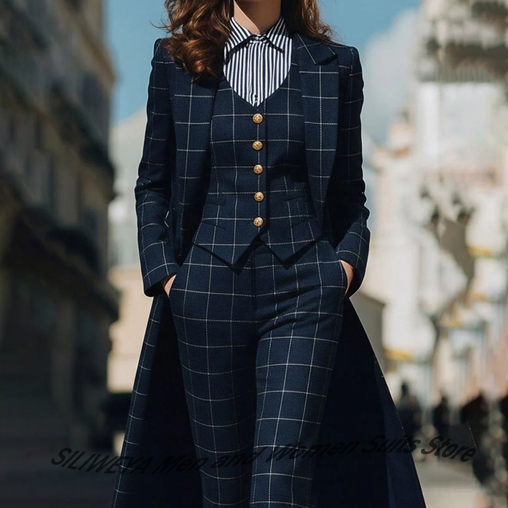 Women Formal Wear Blazers - Sophisticated Navy Blue Women's Plaid Blazers