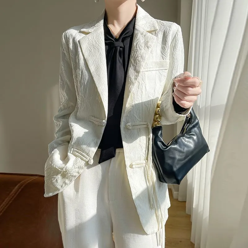 Women Formal Wear Blazers - Women's White Textured Blazer Jacket Notched