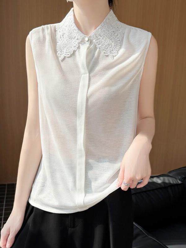 Women Formal Wear Vest - Lace Trim No Sleeve Knitted Shirt