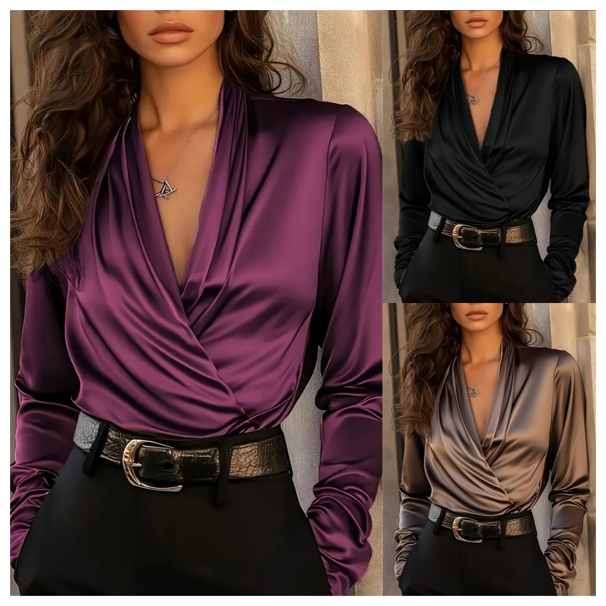 Women's Satin Wrap V Neck Long - огляд і ціна Women Formal Office Wear Tops